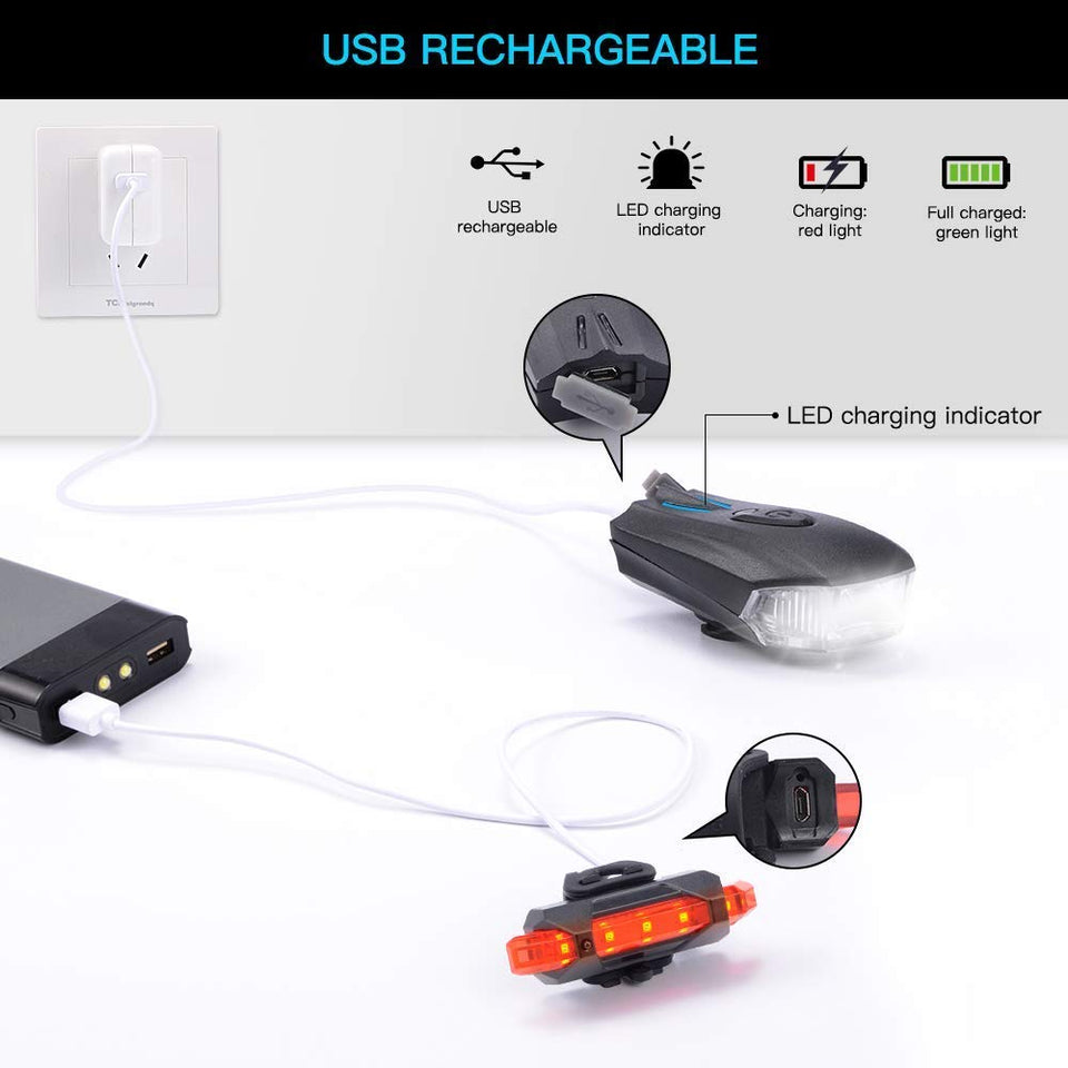 Ausein Luz de Bicicleta, Lámpara de Bicicleta Recargable USB, Luces para Bicicletas Delantera 400 LM XPG y Trasera 110 LM Impermeable