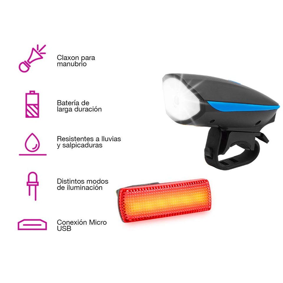 Redlemon Kit Básico de Luz Delantera y Trasera LED para Bicicleta, Impermeables, con Claxon, Distintos Modos y Potencia de Iluminación, Universales y Ajustables a Cualquier Bicicleta, Batería Recargable de Larga Duración