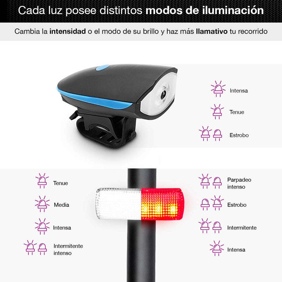 Redlemon Kit Básico de Luz Delantera y Trasera LED para Bicicleta, Impermeables, con Claxon, Distintos Modos y Potencia de Iluminación, Universales y Ajustables a Cualquier Bicicleta, Batería Recargable de Larga Duración