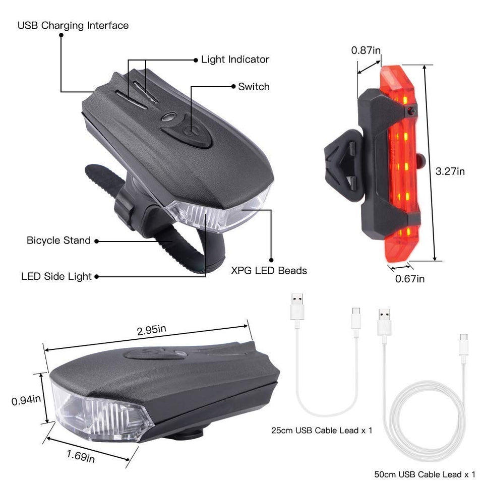 Ausein Luz de Bicicleta, Lámpara de Bicicleta Recargable USB, Luces para Bicicletas Delantera 400 LM XPG y Trasera 110 LM Impermeable