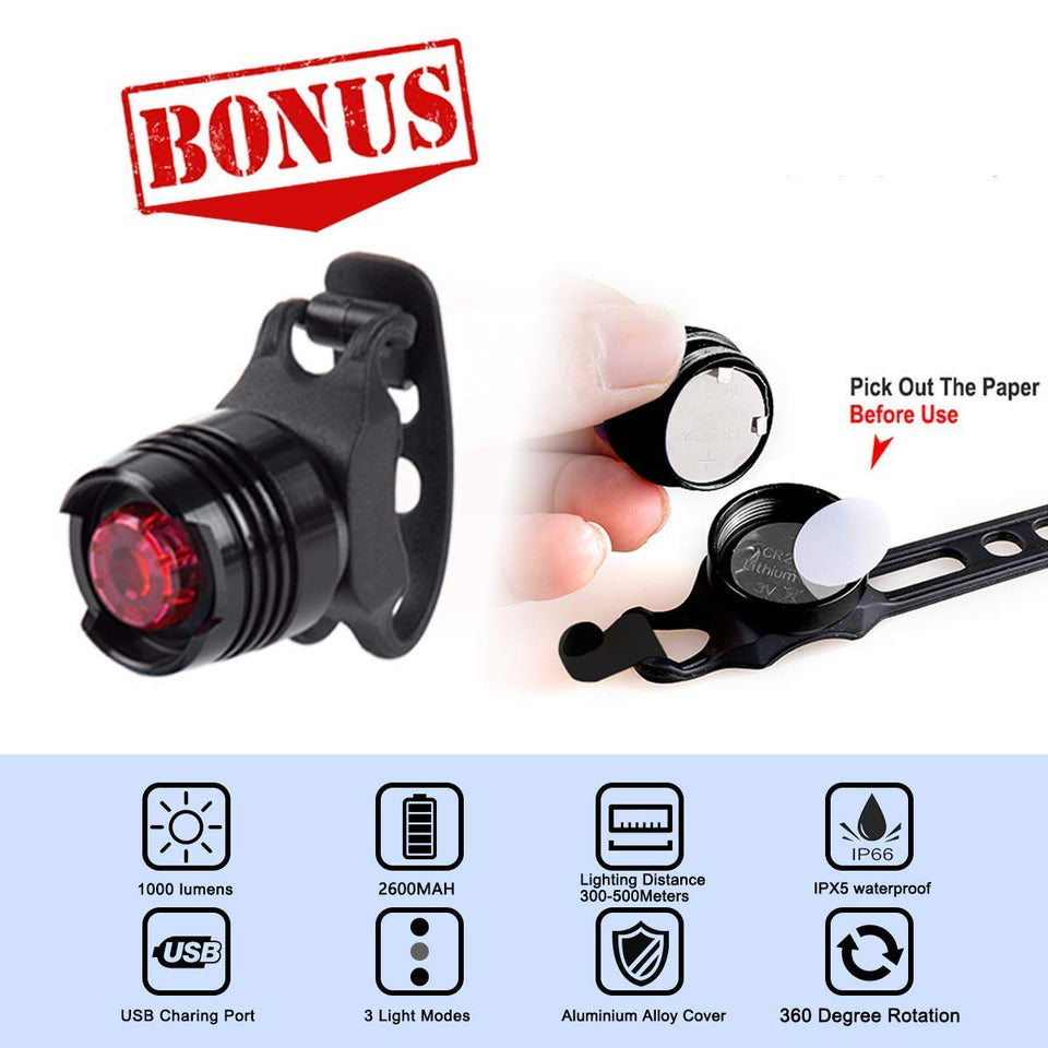 OIOSEN Juego de Luces para bicicleta, Lámpara de bicicleta de 1000 lúmenes recargable mediante USB, Lámparas delanteras y traseras, Linterna de seguridad a prueba de agua para ciclismo, cámping, senderismo