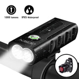 OIOSEN Juego de Luces para bicicleta, Lámpara de bicicleta de 1000 lúmenes recargable mediante USB, Lámparas delanteras y traseras, Linterna de seguridad a prueba de agua para ciclismo, cámping, senderismo