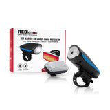 Redlemon Kit Básico de Luz Delantera y Trasera LED para Bicicleta, Impermeables, con Claxon, Distintos Modos y Potencia de Iluminación, Universales y Ajustables a Cualquier Bicicleta, Batería Recargable de Larga Duración