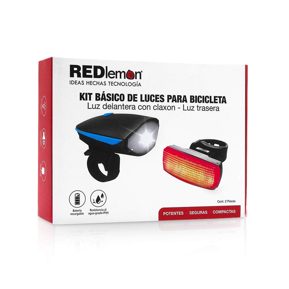 Redlemon Kit Básico de Luz Delantera y Trasera LED para Bicicleta, Impermeables, con Claxon, Distintos Modos y Potencia de Iluminación, Universales y Ajustables a Cualquier Bicicleta, Batería Recargable de Larga Duración